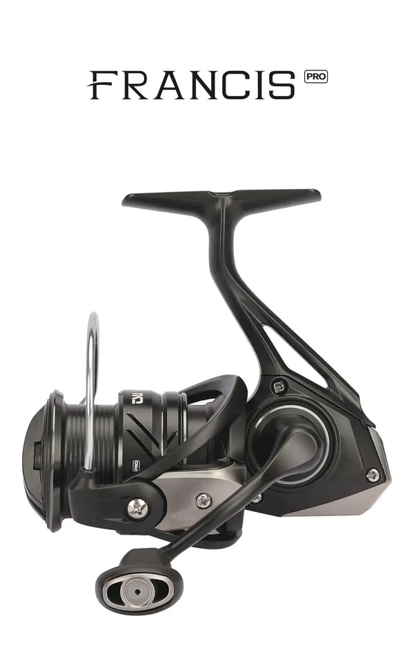 Spinning fishing reel with black handle and spool, silver bail arm, side profile.
