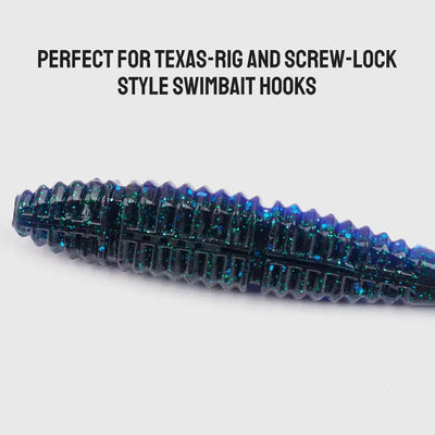 Blue-green iridescent glitter silicone swimbait with ribbed body and fork tail.