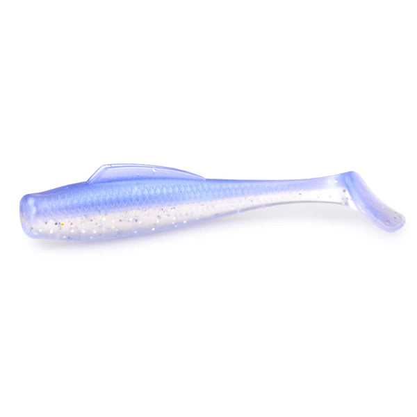 Pale blue translucent soft plastic paddle tail minnow with speckled glitter