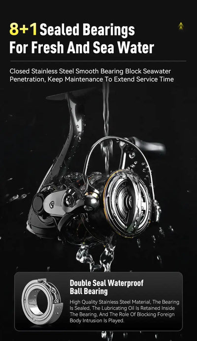 Black sealed spinning reel with metal spool and reflective chrome rotor