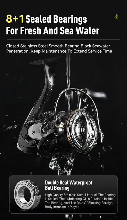 Black sealed spinning reel with metal spool and reflective chrome rotor
