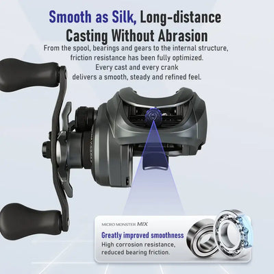 Black baitcasting reel featuring long-distance casting design and smooth spool.