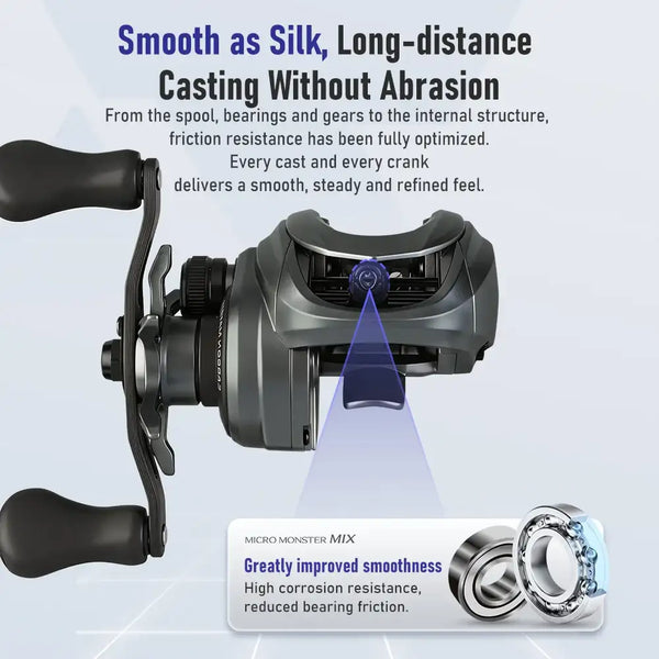 Black baitcasting reel featuring long-distance casting design and smooth spool.