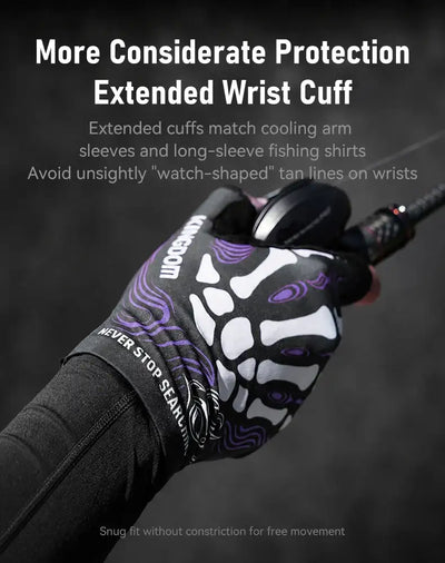 Half-finger fishing gloves with extended wrist cuff, black with purple skeleton design