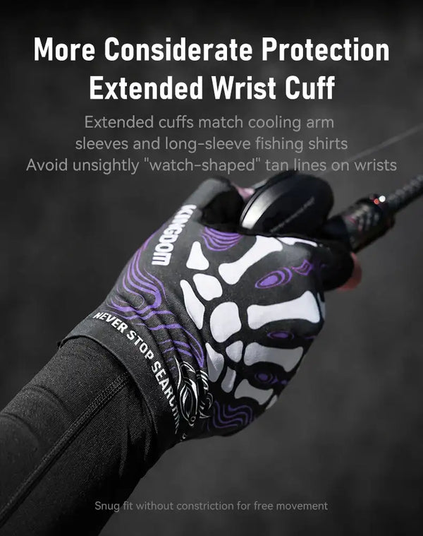 Half-finger fishing gloves with extended wrist cuff, black with purple skeleton design