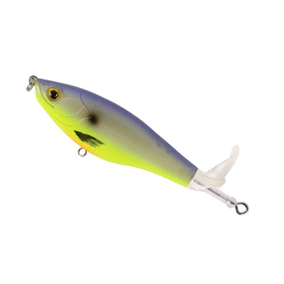 Floating topwater fishing lure, chartreuse and purple, rotating tail, treble hooks