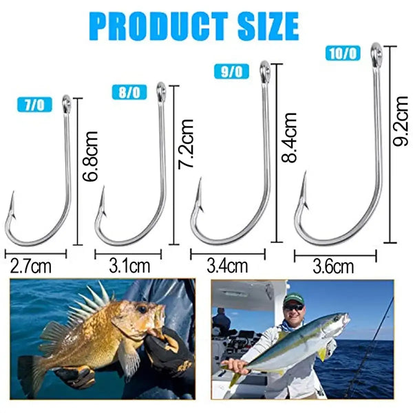 Assorted stainless steel J-hook fishing hooks shown with size measurement markings