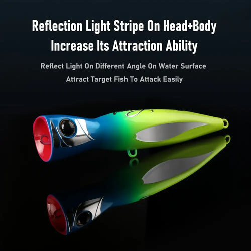 Blue-green floating popper lure with red cup nose, black eye, rear treble hooks