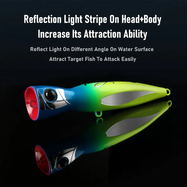 Blue-green floating popper lure with red cup nose, black eye, rear treble hooks