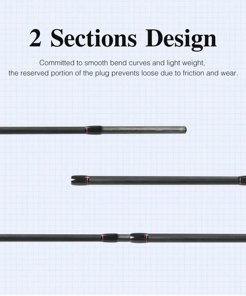 Two-piece spinning fishing rod with connected blank sections shown on grid.
