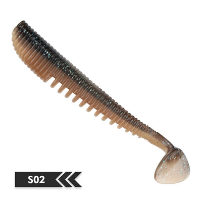 Soft fishing lure, brown-black translucent shad-style silicone bait, ribbed body, speckled tail