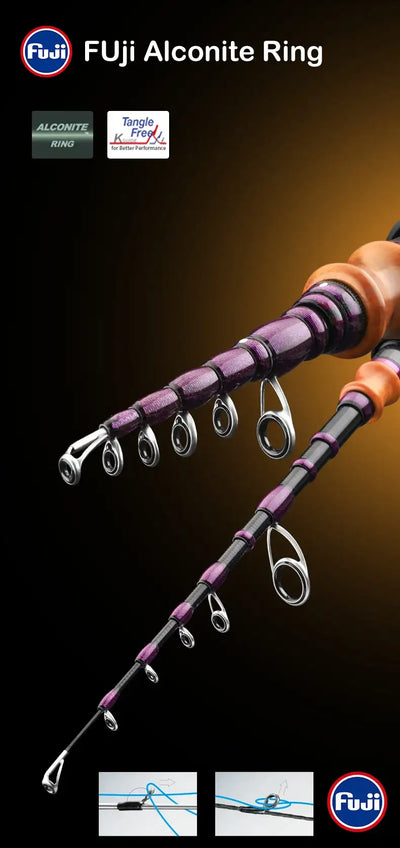 Telescopic fishing rod with purple line guides and reel seat detail