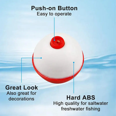 Red and white round push-on button fishing bobber float with ABS body