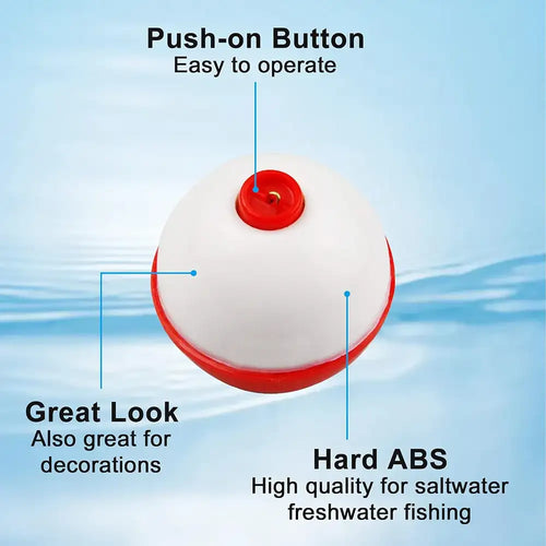 Red and white round push-on button fishing bobber float with ABS body