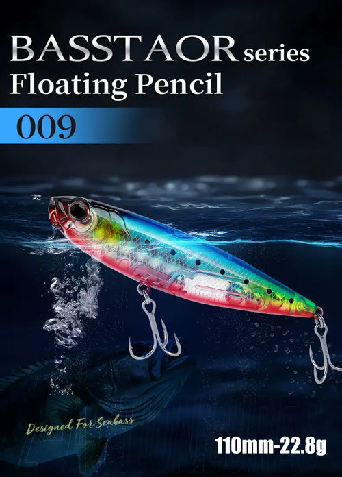 Bass fishing floating pencil lure with rainbow body and red belly, splashing effect, hooks.