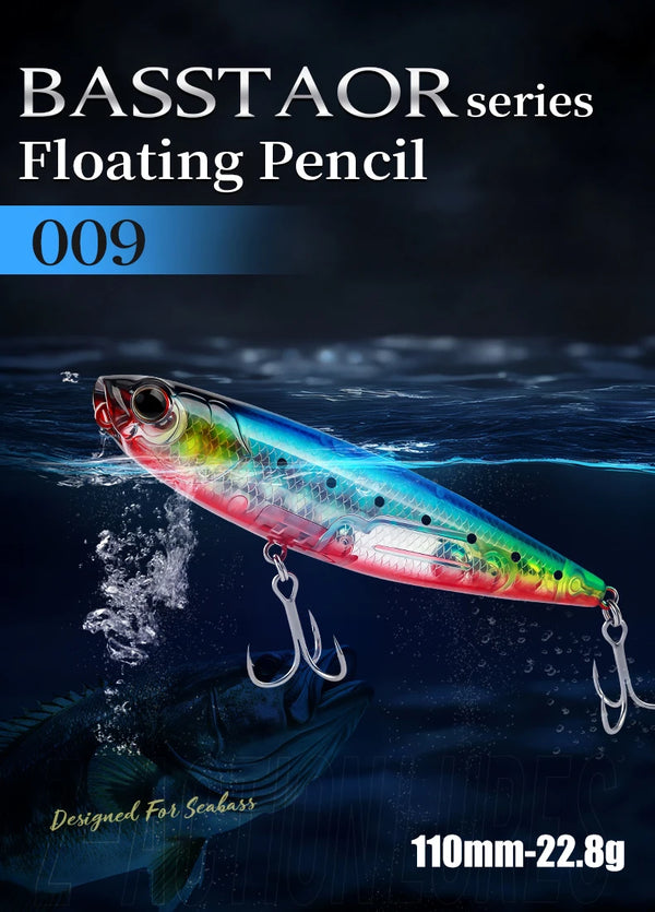 Bass fishing floating pencil lure with rainbow body and red belly, splashing effect, hooks.
