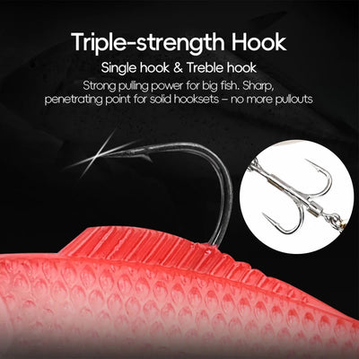 Red swimbait lure with triple-strength treble hook close-up