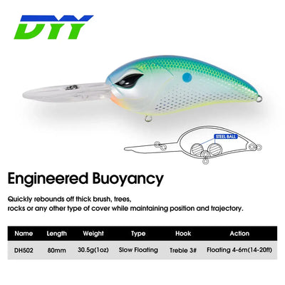Blue-and-white crankbait with treble hooks and front diving lip, side view