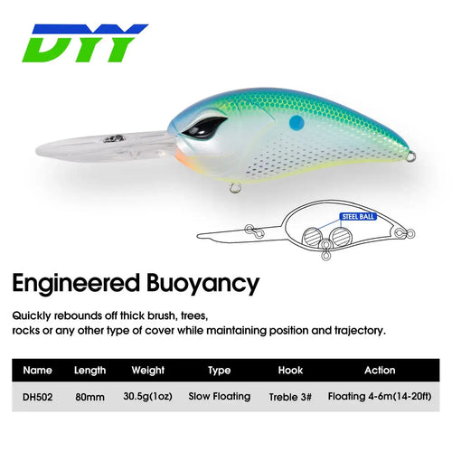 Blue-and-white crankbait with treble hooks and front diving lip, side view