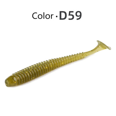 Soft paddle-tail swimbait lure, olive/yellow with ridged texture (Color D59).