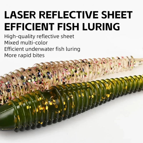 Gold-and-green paddle-tail soft plastic lures with reflective glitter sheet