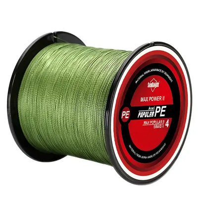 Braided fishing line spool with light green line wound around a black reel