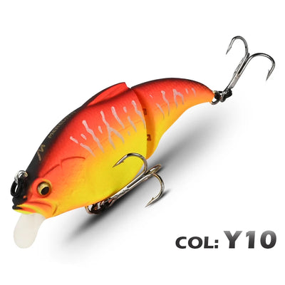 Red and yellow vibration fishing lure with clear lip, 3D-style eye, and two treble hooks
