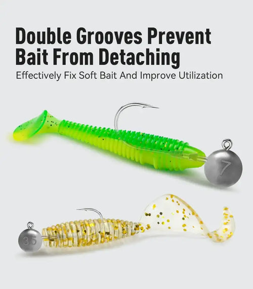 Triple-edge lead head hook with green soft bait and white grub-style bait, shown attached