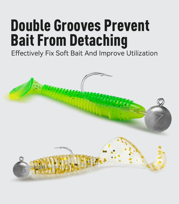 Triple-edge lead head hook with green soft bait and white grub-style bait, shown attached