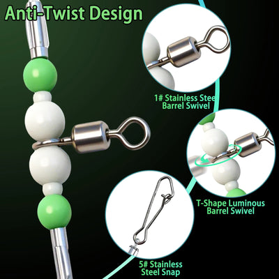 Fishing leader rig close-up with green and white beads and stainless barrel swivels