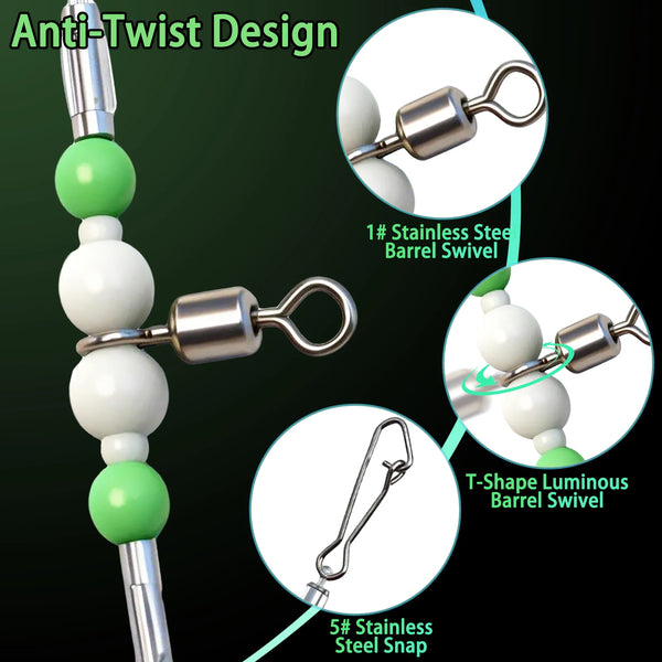 Fishing leader rig close-up with green and white beads and stainless barrel swivels