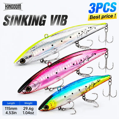 3-piece sinking fishing lure set, treble-hook hard wobblers in silver, pink, and blue