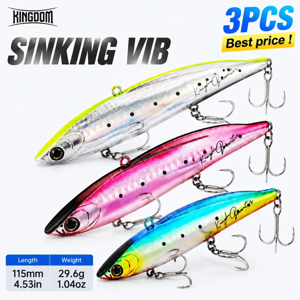 3-piece sinking fishing lure set, treble-hook hard wobblers in silver, pink, and blue