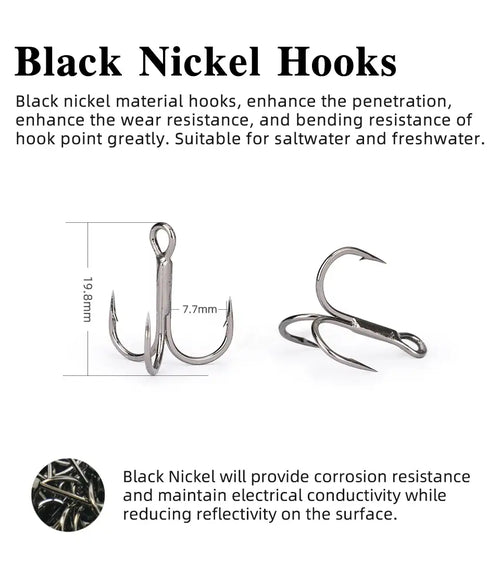 Black nickel treble hooks for fishing, corrosion-resistant for saltwater and freshwater