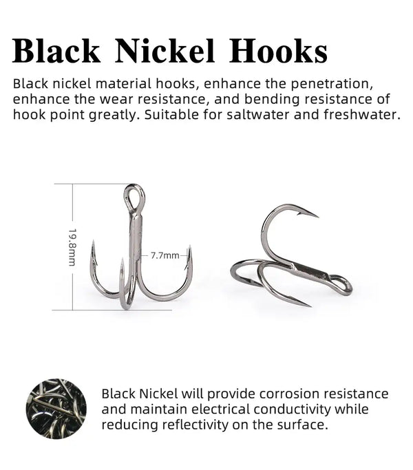 Black nickel treble hooks for fishing, corrosion-resistant for saltwater and freshwater