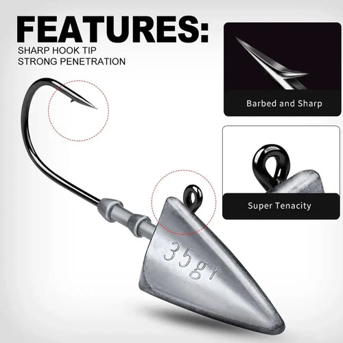 Triangle jig head long hook with barbed sharp tip, silver head marked 35g