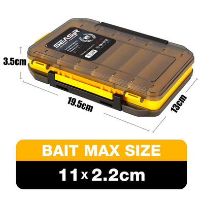Yellow tackle box with clear lid and molded latches, compact multi-compartment organizer