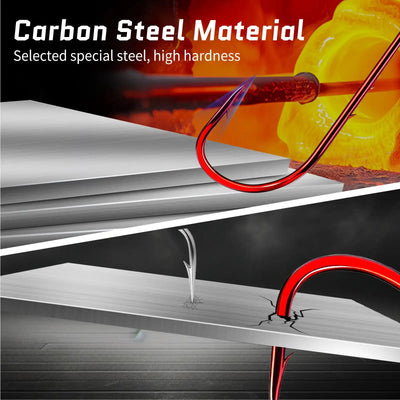 Red long-shank baitholder fishing hook set, high-carbon steel hook tip detail