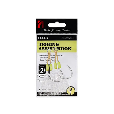 Noeby jigging assist hook package, size 2/0, lime-green heads, needle-point hooks