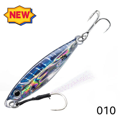 Metal jig fishing lure in blue rainbow holographic finish with two treble hooks.