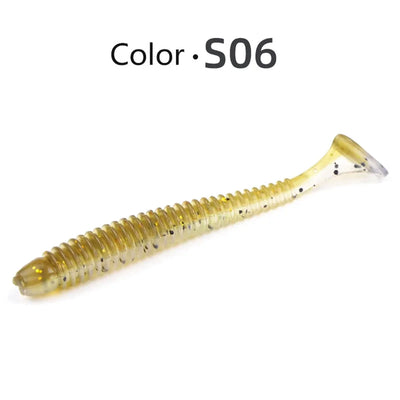 Soft paddle-tail swimbait lure, yellow with black speckles and clear ribbed body (Color S06).