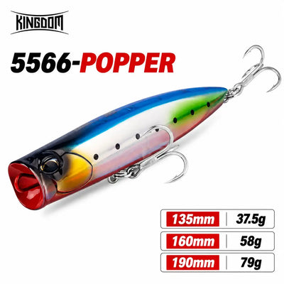 Floating popper fishing lure, blue-yellow-red body, black eye, red front cup, treble hooks