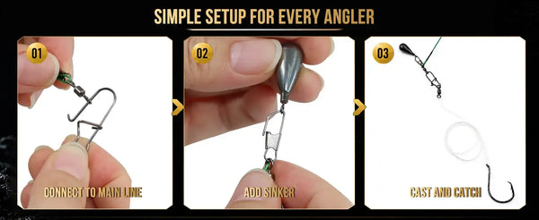 Fishing hook rig setup diagram: connect main line, add sinker, cast and catch