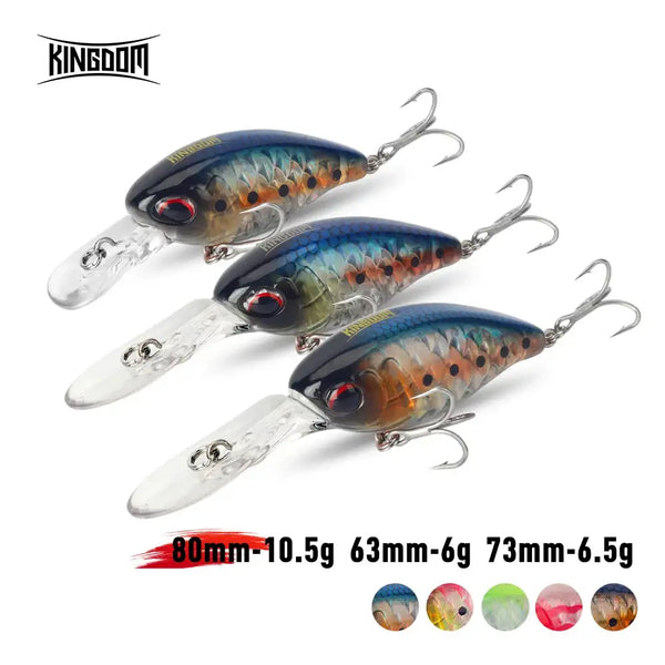 Floating crankbait lures set of three, blue-orange minnow bodies with treble hooks