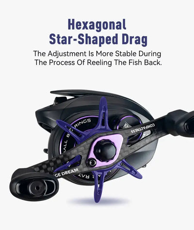 Black baitcasting reel with hexagonal star-shaped drag and purple line guide accents.
