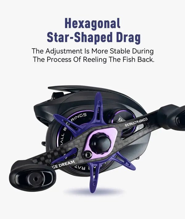 Black baitcasting reel with hexagonal star-shaped drag and purple line guide accents.