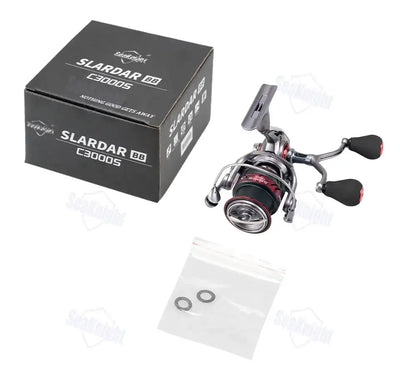 Spinning reel with SLARDAR packaging box and dual-handle reel, silver with red knobs