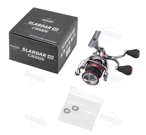 Spinning reel with SLARDAR packaging box and dual-handle reel, silver with red knobs