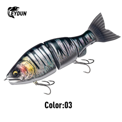 Blue-gray and silver jointed swimbait lure with dark back and treble hooks