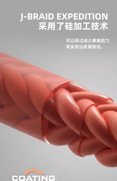 Orange braided PE fishing line strand, tight woven texture held in fingers